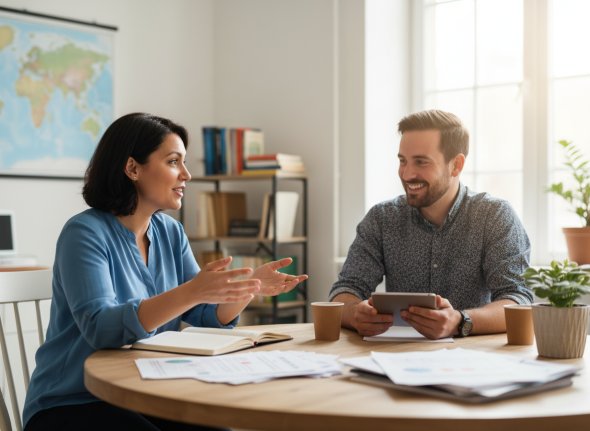 Beratungssituation für Hilfsorganisationen , zwei Personen an einem runden Tisch.