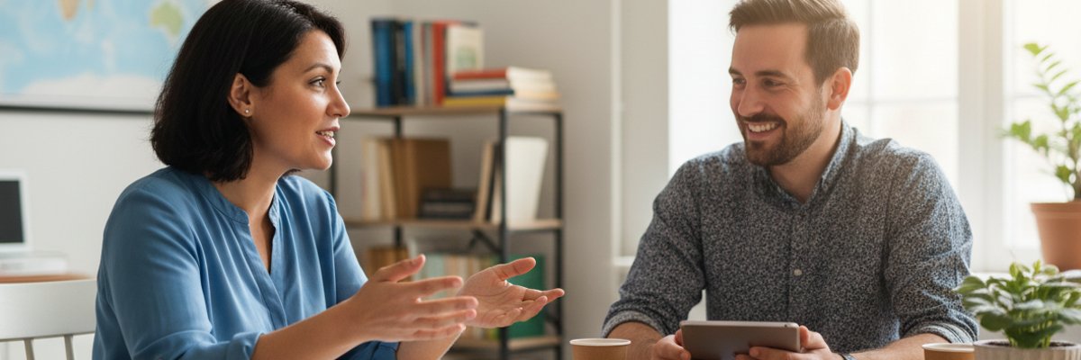 Beratungssituation für Hilfsorganisationen , zwei Personen an einem runden Tisch.